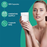 Woman holding a glass of water with Omega 3 Fish Oil 2000mg product benefits listed