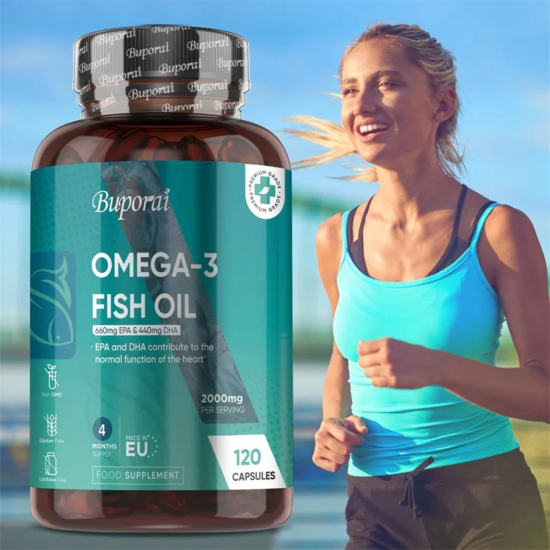 Buporai Omega 3 Fish Oil 2000mg bottle with a woman jogging in the background