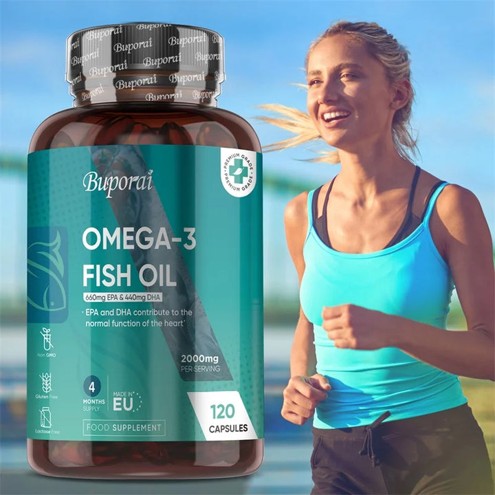 Buporai Omega 3 Fish Oil 2000mg bottle with a woman jogging in the background