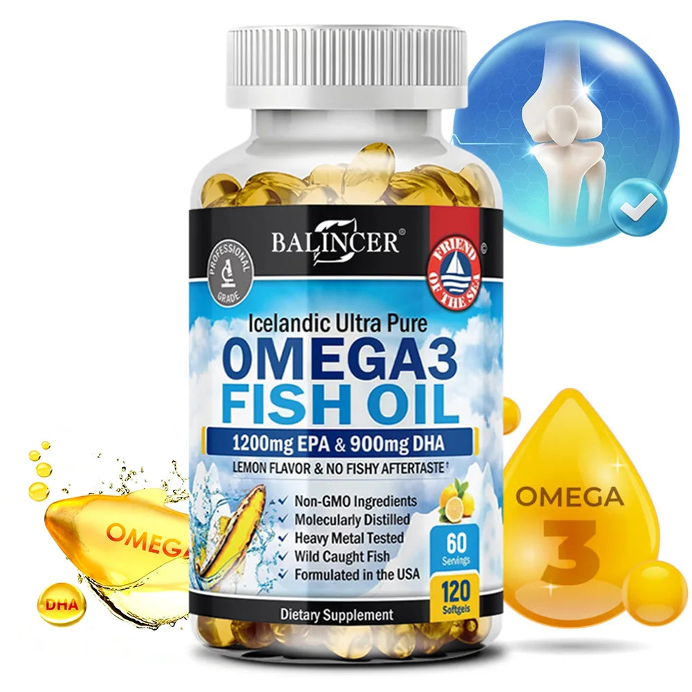 Balincer Strength Omega 3 Fish Oil 2250mg bottle with capsules and Omega 3 graphics