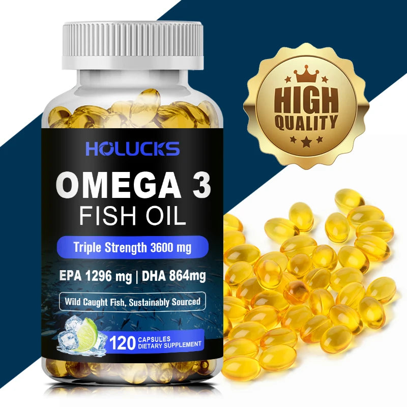 Holucks Omega 3 Fish Oil Supplement bottle with 120 capsules and a High Quality seal