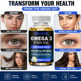 Holucks Omega 3 Fish Oil supplement bottle with before and after images of skin, eyes, and hair
