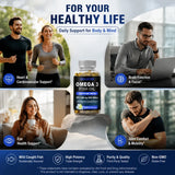 Holucks Omega 3 Fish Oil bottle with people exercising, working, and relaxing