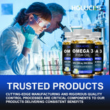 Scientists in a lab with Holucks Omega 3 Fish Oil Supplement bottles